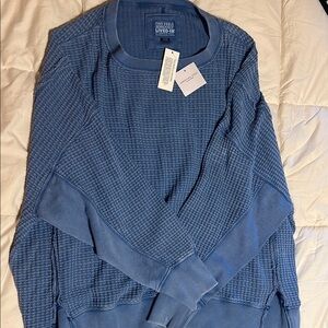 American Eagle Outfitters Blue Crewneck Sweater with Textured Knit